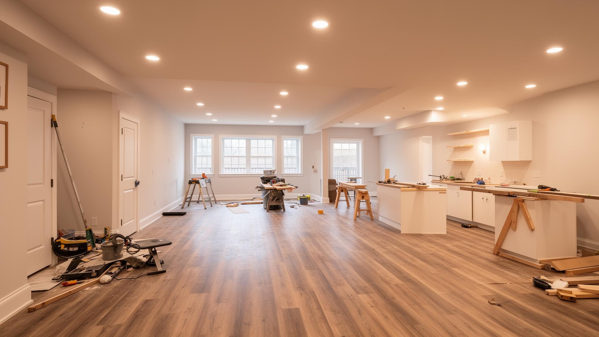 Professional basement renovation in progress with modern finishes